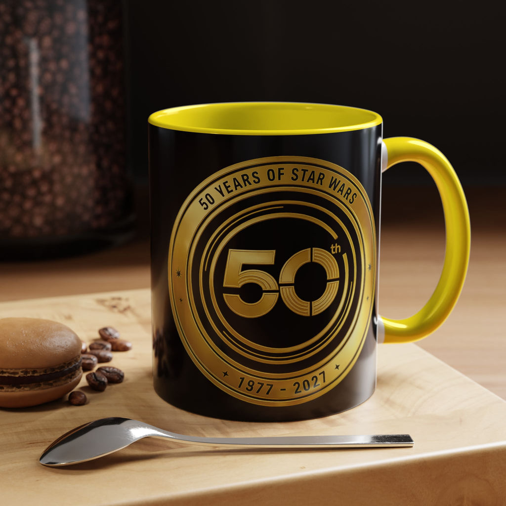 50th Anniversary Star Wars Coffee Mug — 1977–2021 Gold Emblem Accent Mug (11/15 oz)