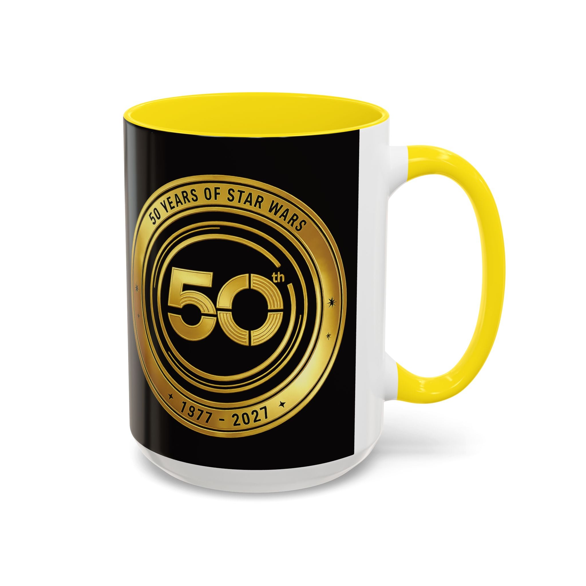 50th Anniversary Star Wars Coffee Mug — 1977–2021 Gold Emblem Accent Mug (11/15 oz)