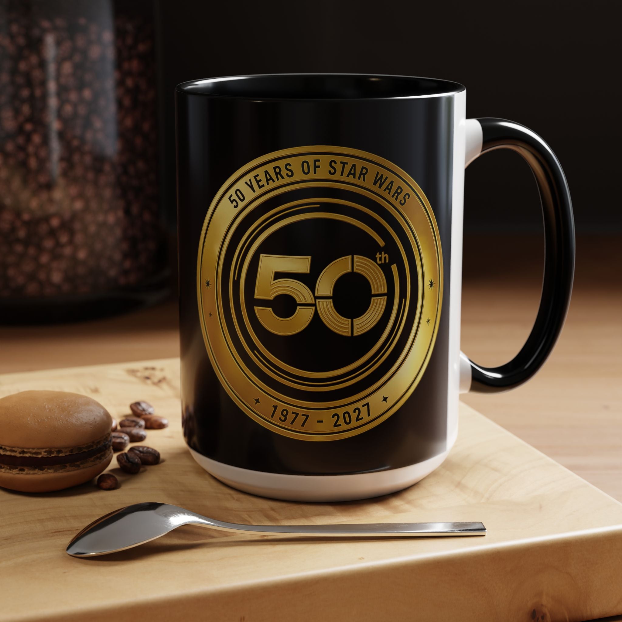 50th Anniversary Star Wars Coffee Mug — 1977–2021 Gold Emblem Accent Mug (11/15 oz)