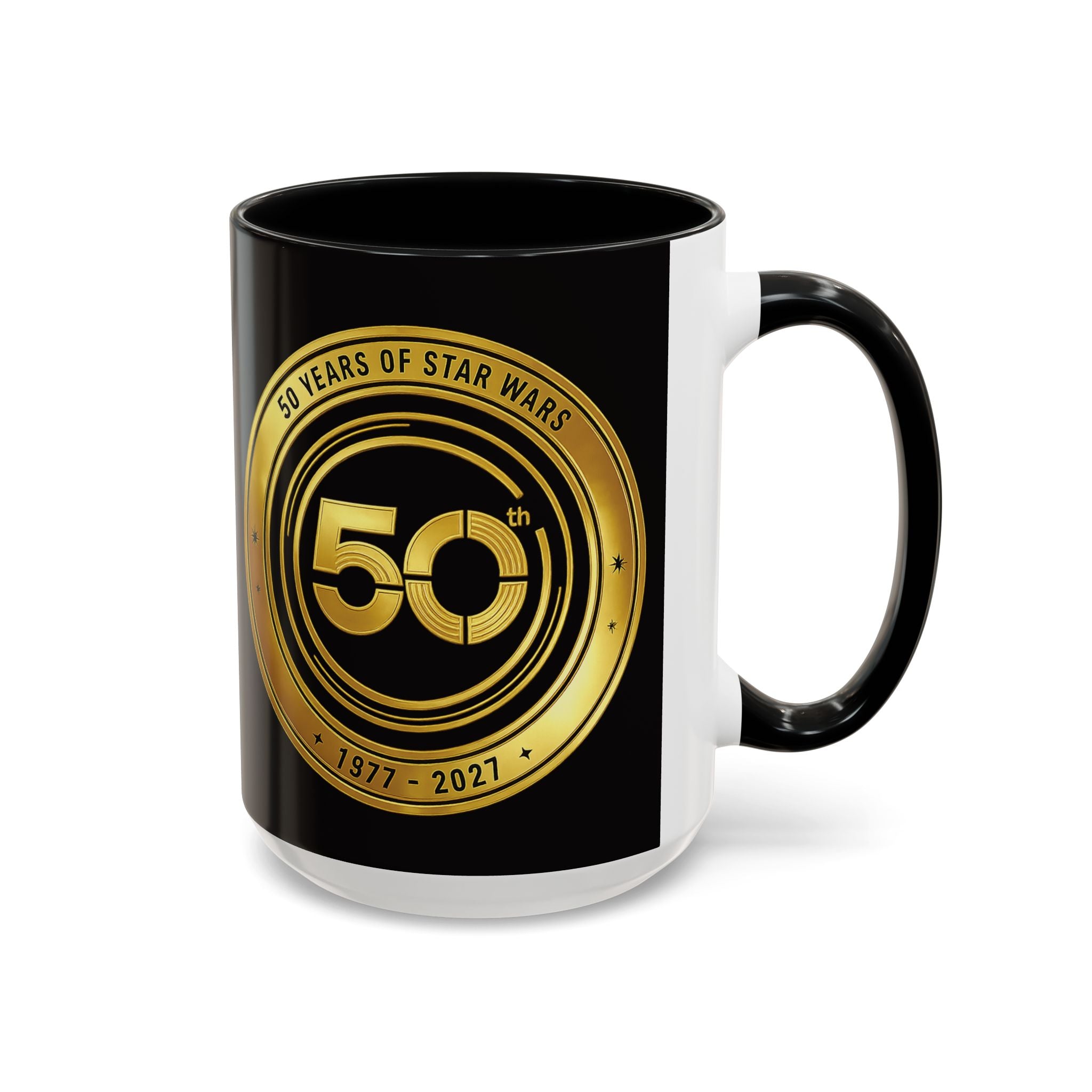 50th Anniversary Star Wars Coffee Mug — 1977–2021 Gold Emblem Accent Mug (11/15 oz)