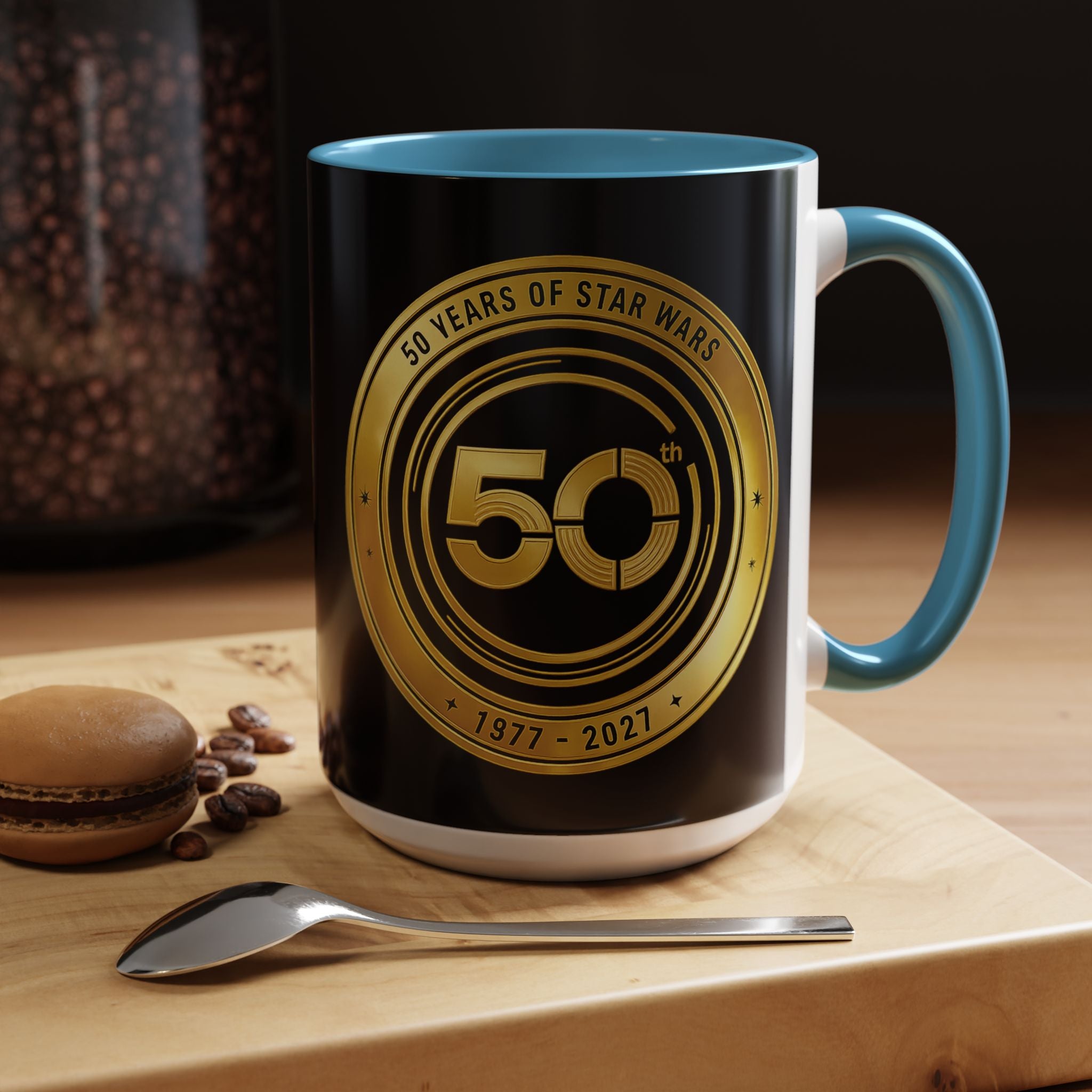 50th Anniversary Star Wars Coffee Mug — 1977–2021 Gold Emblem Accent Mug (11/15 oz)