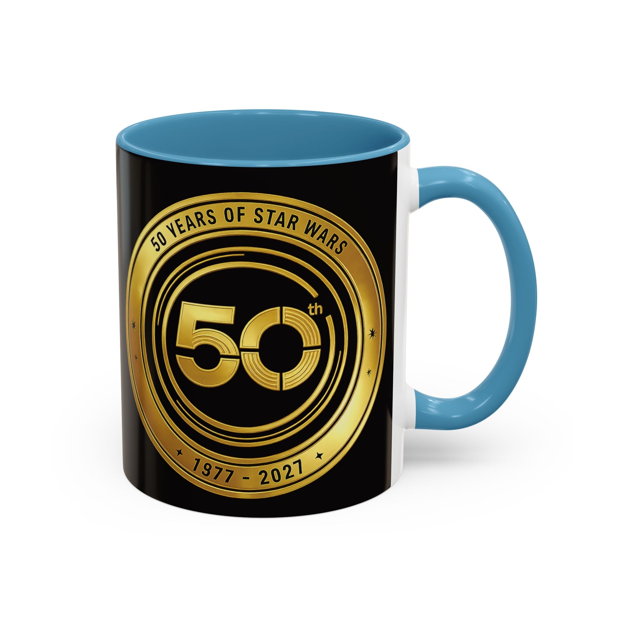 50th Anniversary Star Wars Coffee Mug — 1977–2021 Gold Emblem Accent Mug (11/15 oz)