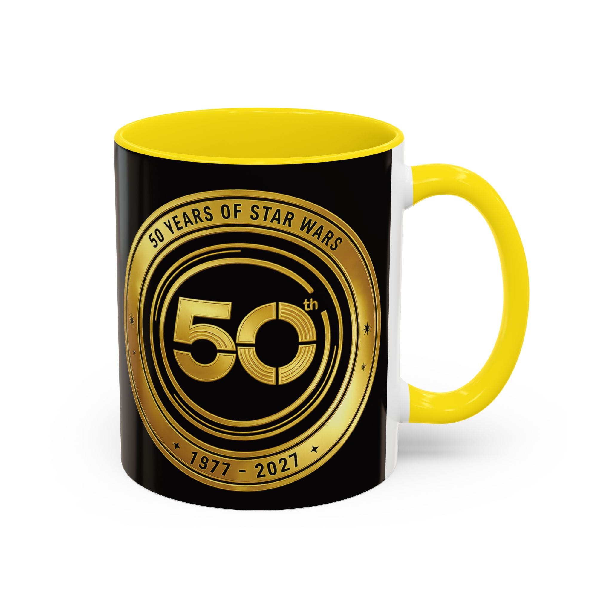 50th Anniversary Star Wars Coffee Mug — 1977–2021 Gold Emblem Accent Mug (11/15 oz)