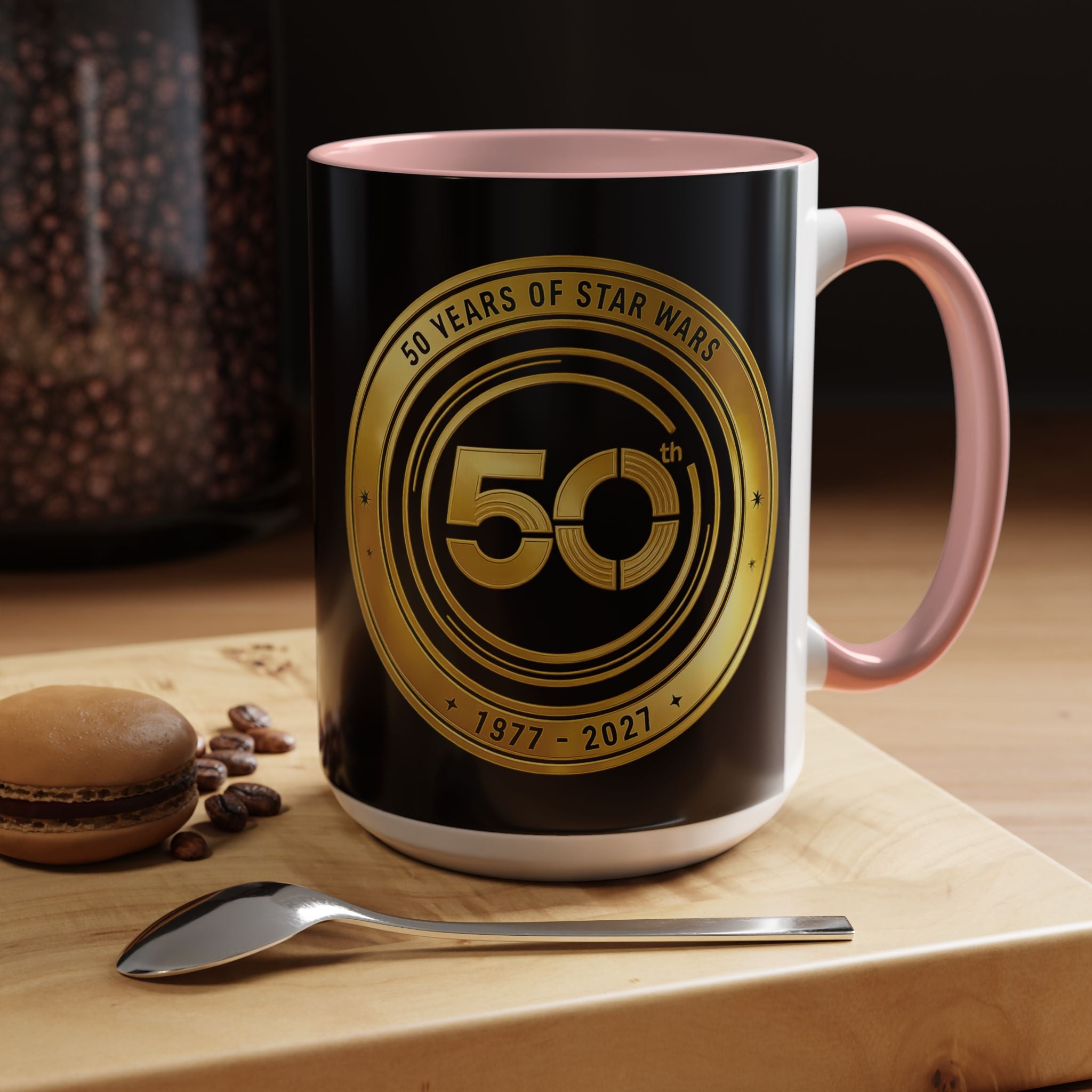 50th Anniversary Star Wars Coffee Mug — 1977–2021 Gold Emblem Accent Mug (11/15 oz)