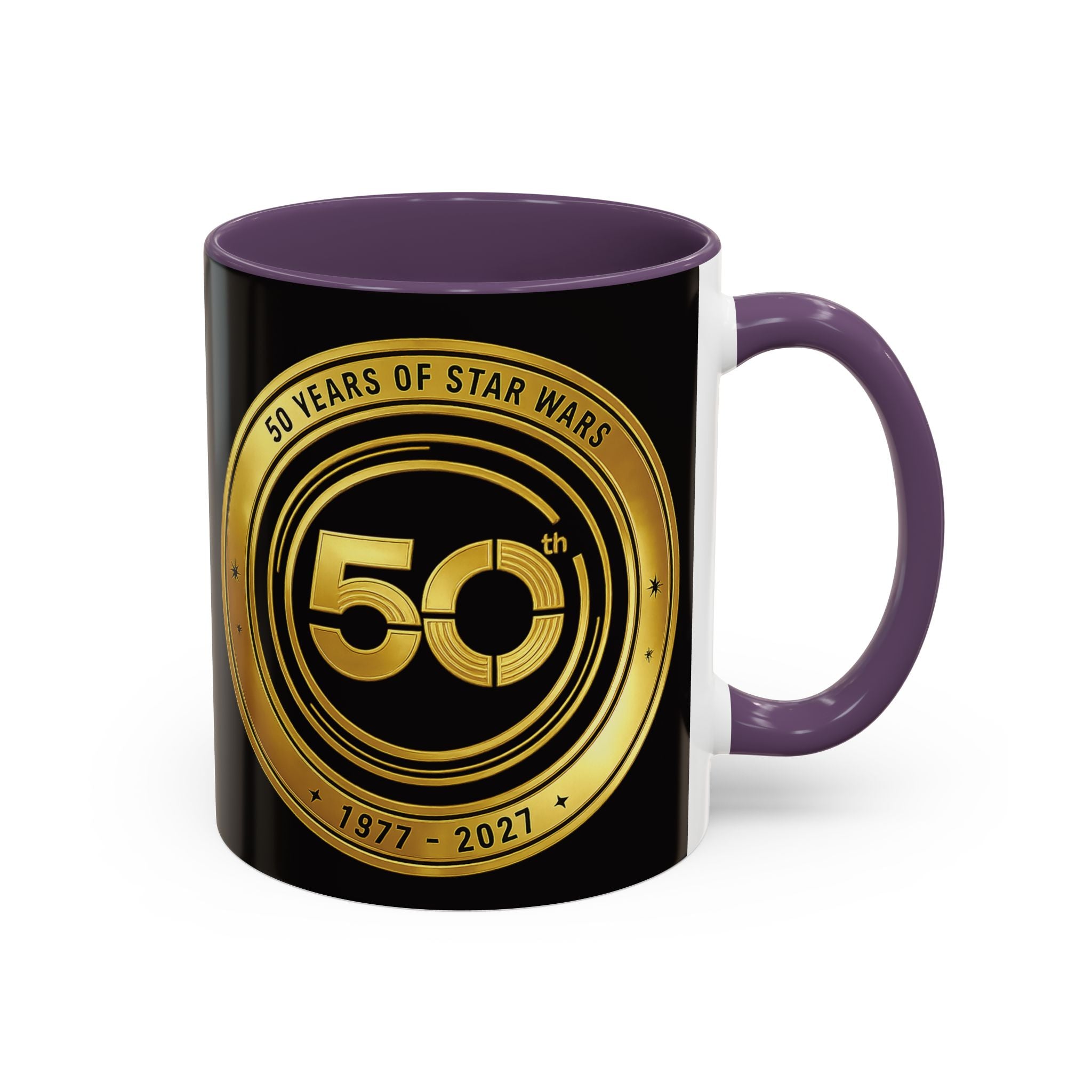 50th Anniversary Star Wars Coffee Mug — 1977–2021 Gold Emblem Accent Mug (11/15 oz)