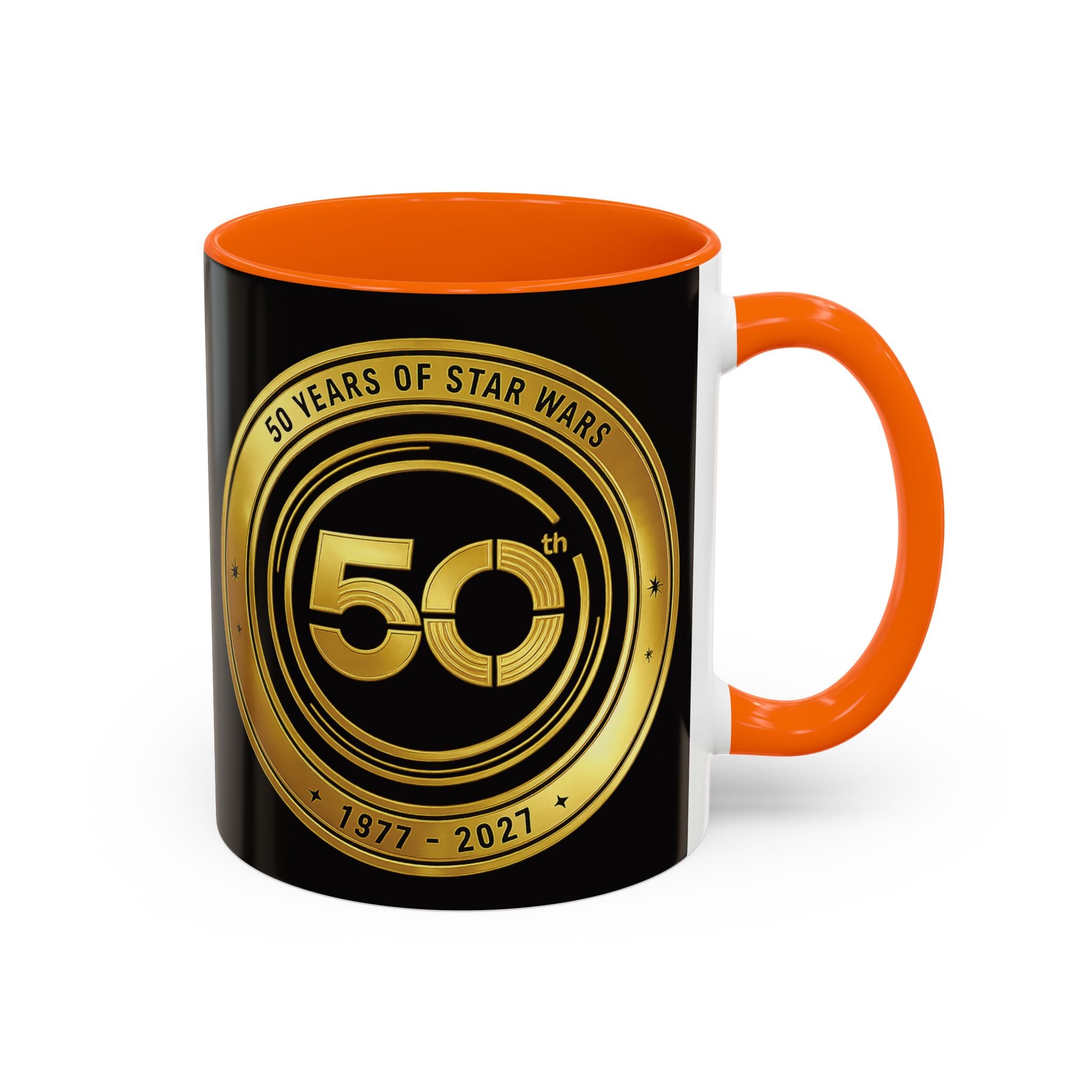 50th Anniversary Star Wars Coffee Mug — 1977–2021 Gold Emblem Accent Mug (11/15 oz)