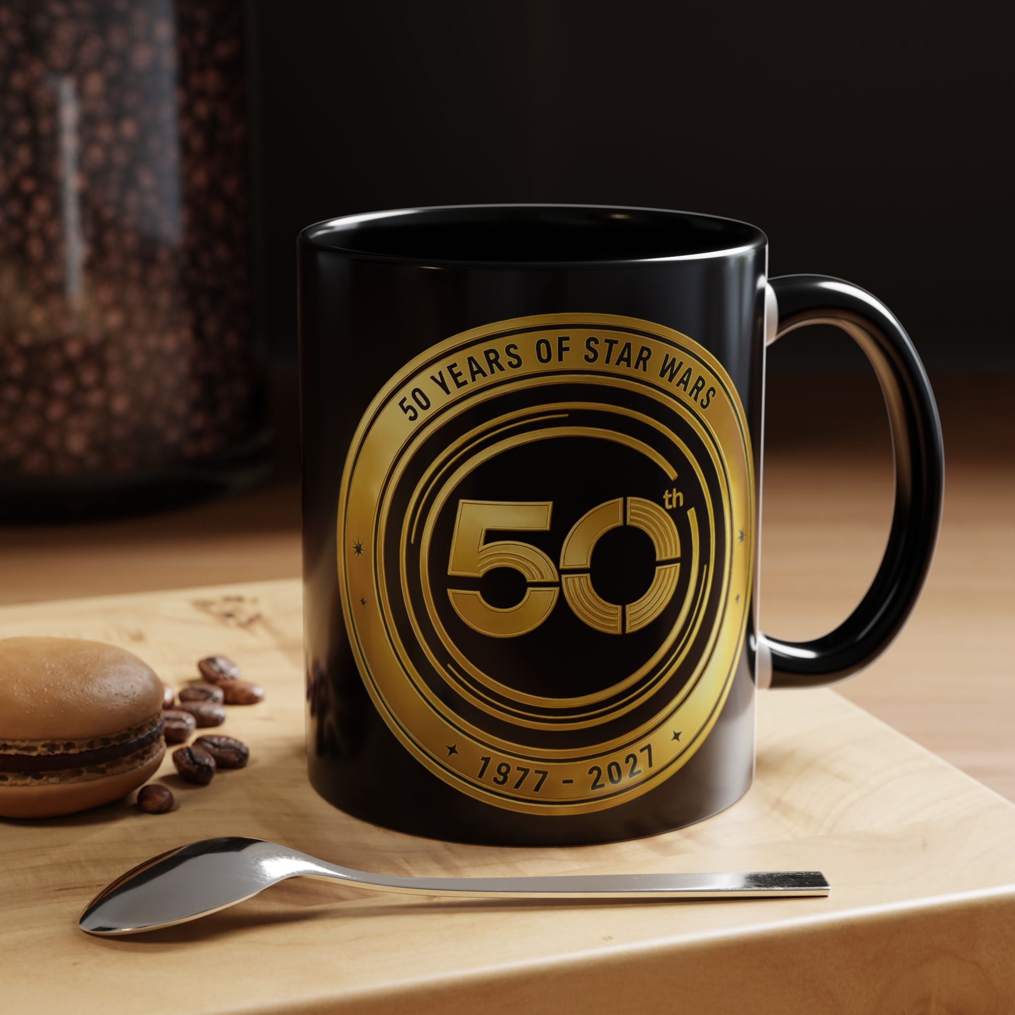 50th Anniversary Star Wars Coffee Mug — 1977–2021 Gold Emblem Accent Mug (11/15 oz)