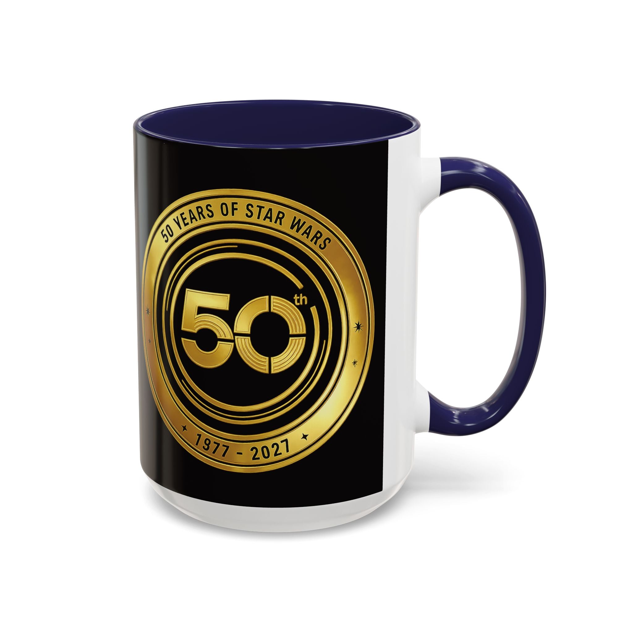 50th Anniversary Star Wars Coffee Mug — 1977–2021 Gold Emblem Accent Mug (11/15 oz)