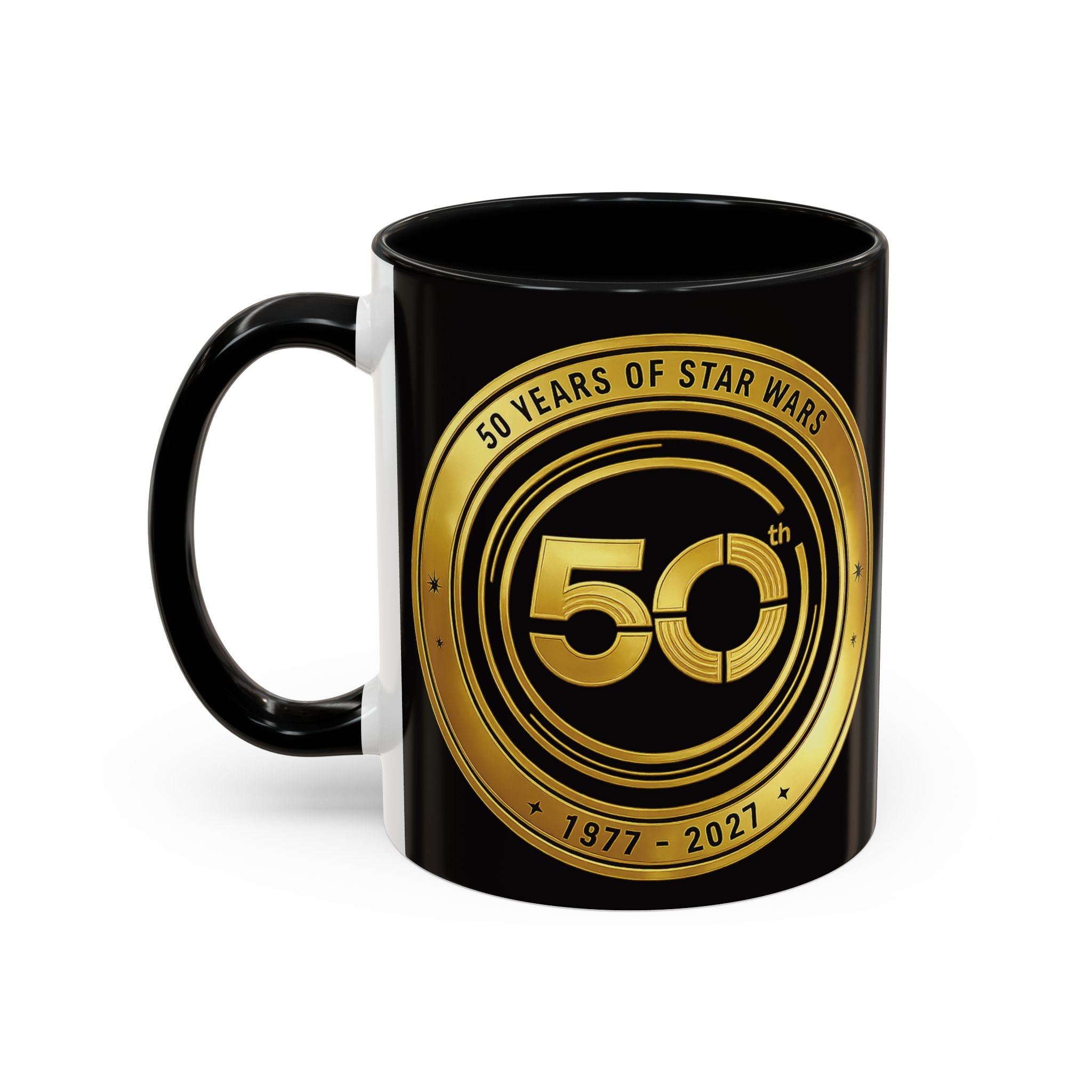 50th Anniversary Star Wars Coffee Mug — 1977–2021 Gold Emblem Accent Mug (11/15 oz)