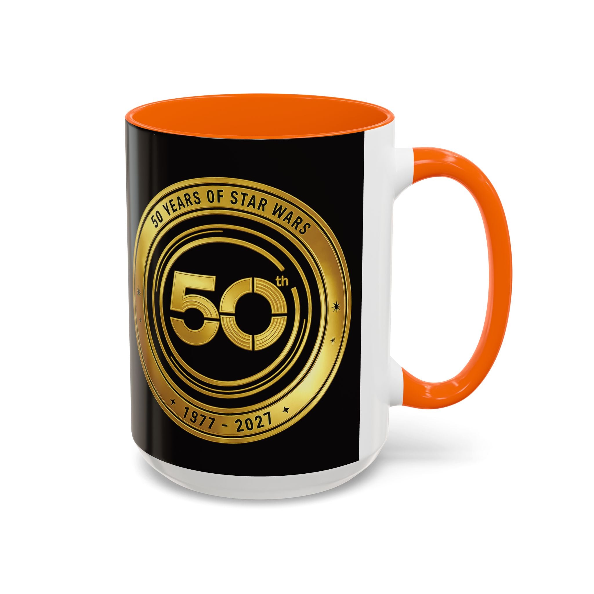 50th Anniversary Star Wars Coffee Mug — 1977–2021 Gold Emblem Accent Mug (11/15 oz)