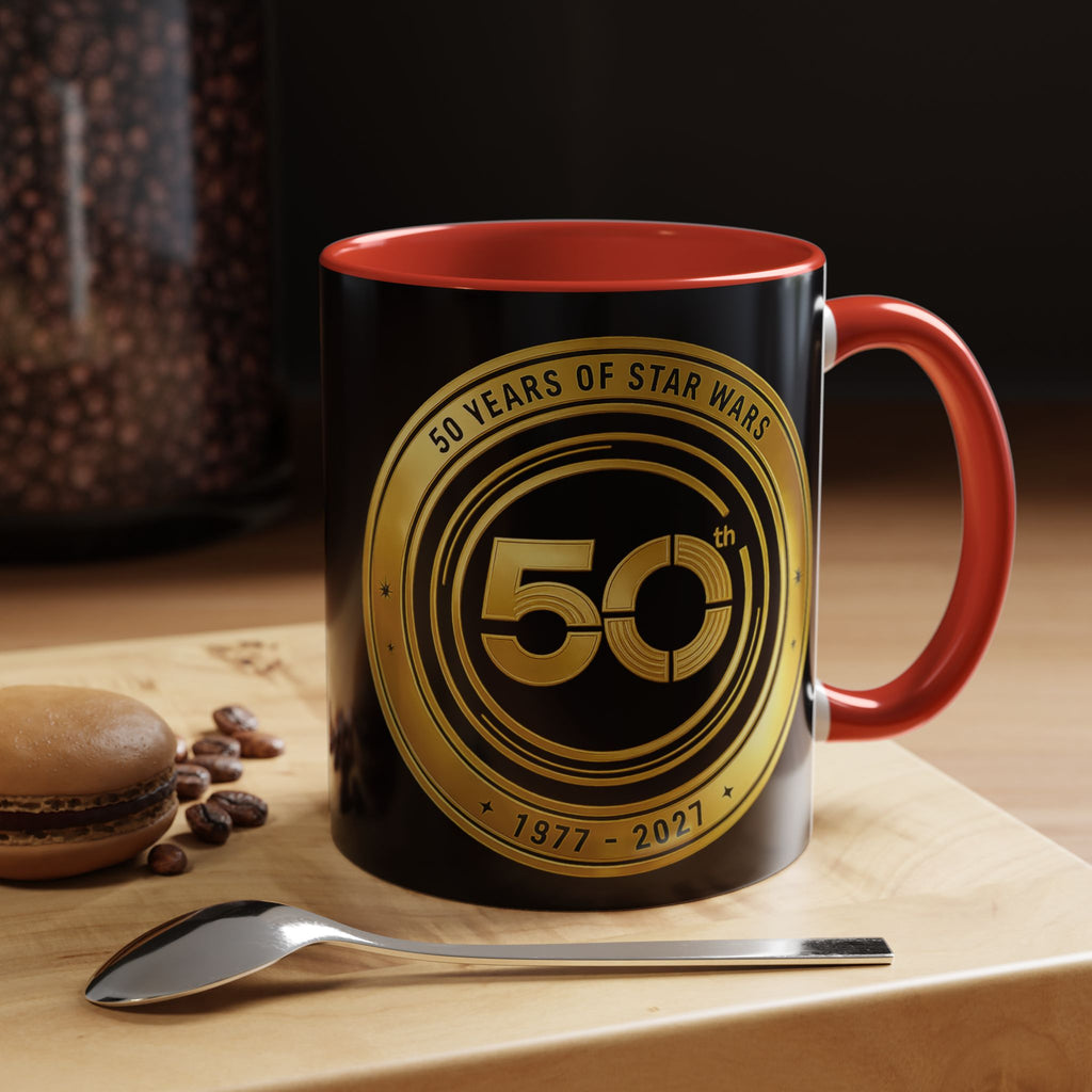 50th Anniversary Star Wars Coffee Mug — 1977–2021 Gold Emblem Accent Mug (11/15 oz)