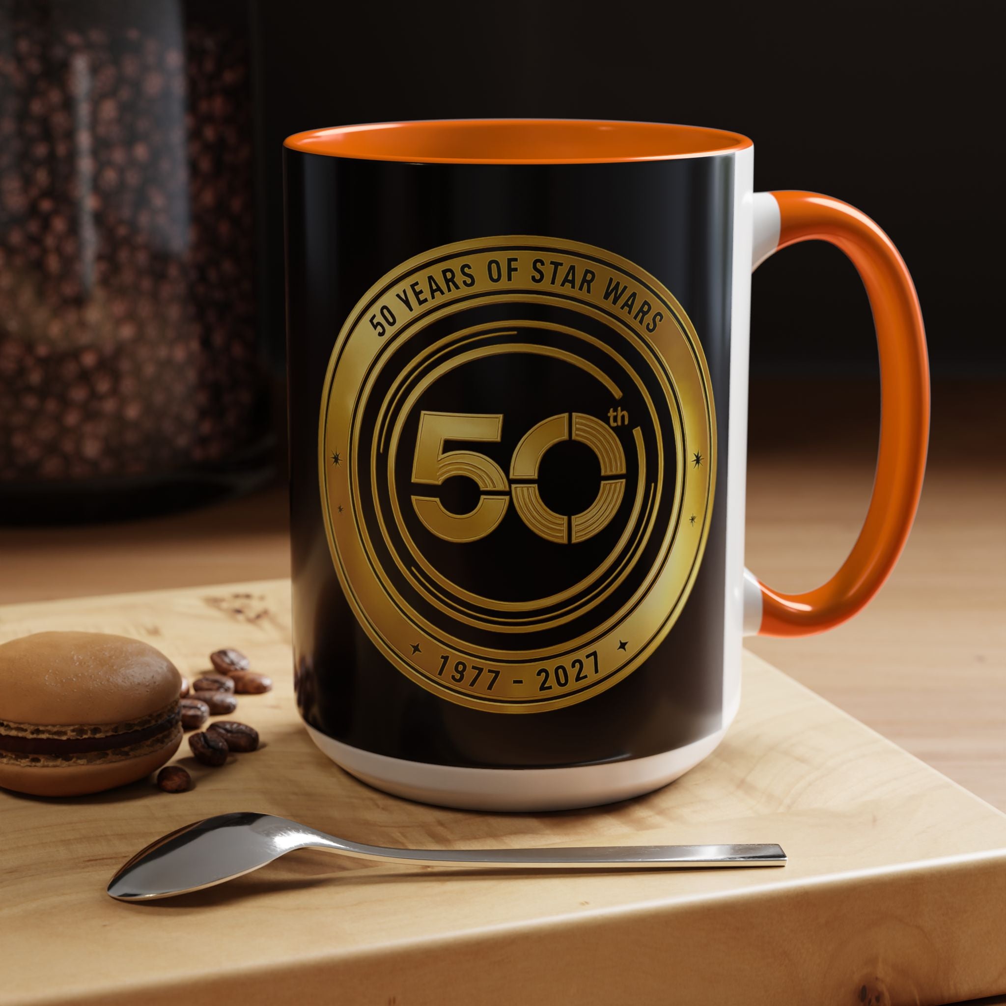 50th Anniversary Star Wars Coffee Mug — 1977–2021 Gold Emblem Accent Mug (11/15 oz)