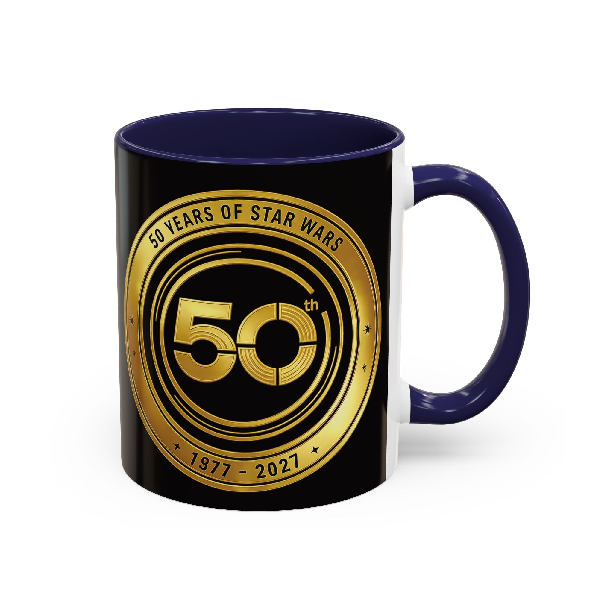 50th Anniversary Star Wars Coffee Mug — 1977–2021 Gold Emblem Accent Mug (11/15 oz)