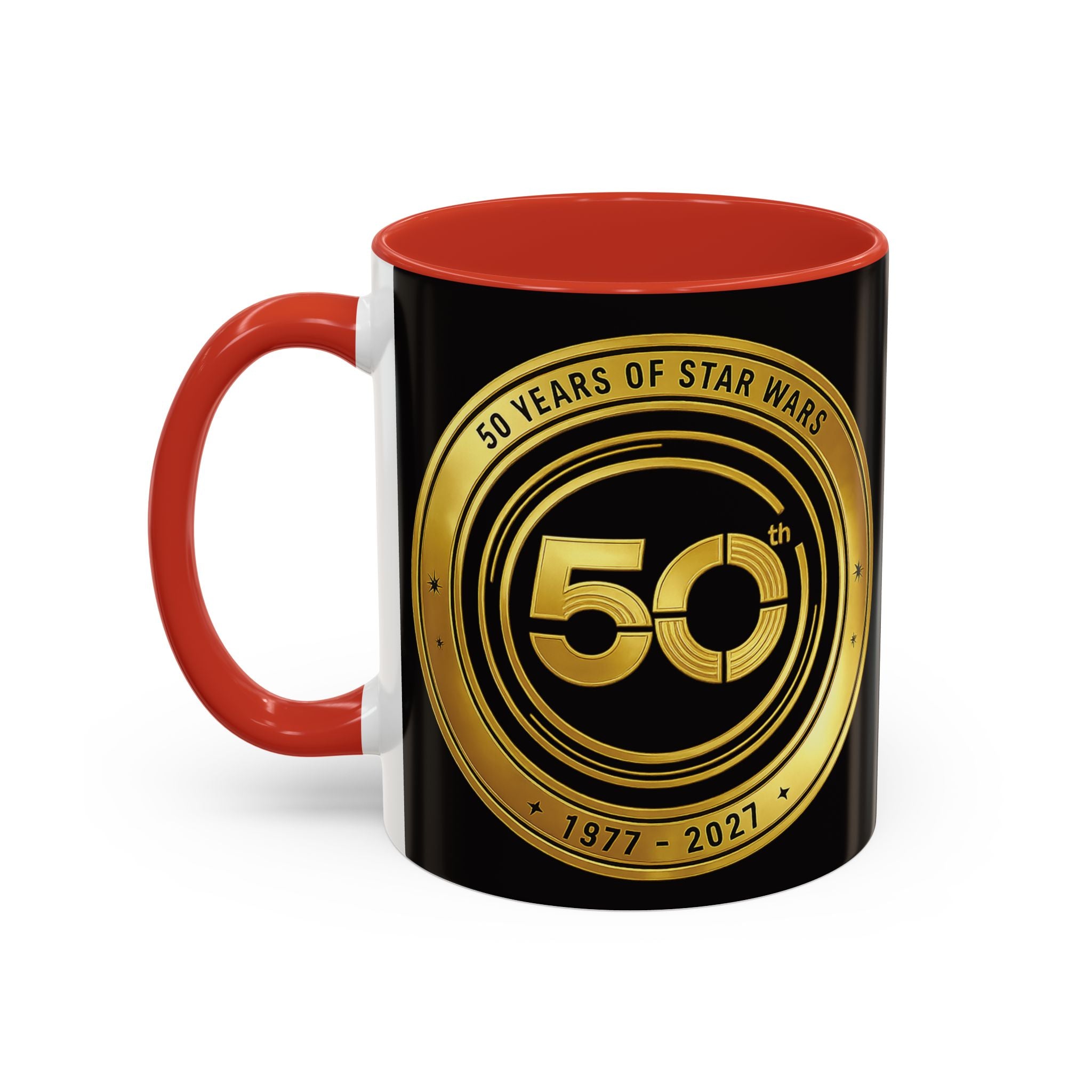 50th Anniversary Star Wars Coffee Mug — 1977–2021 Gold Emblem Accent Mug (11/15 oz)