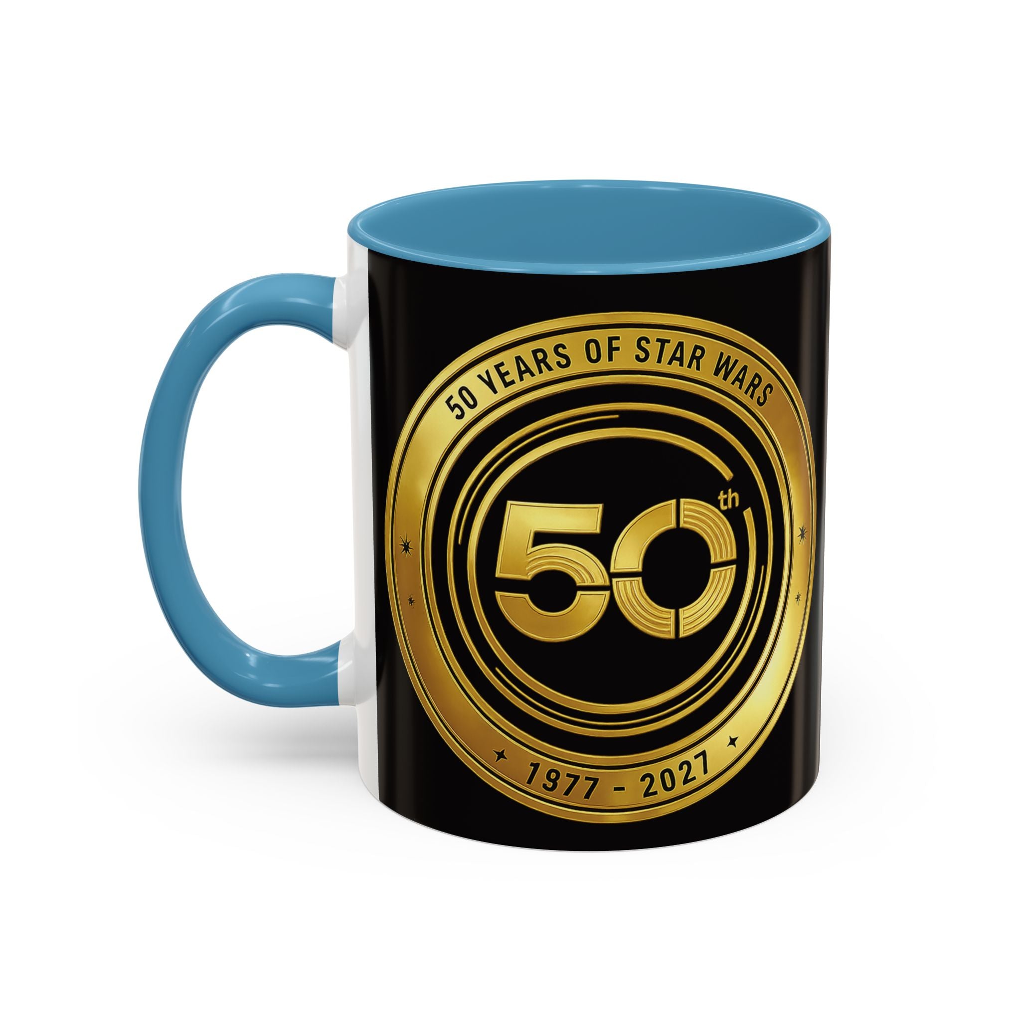 50th Anniversary Star Wars Coffee Mug — 1977–2021 Gold Emblem Accent Mug (11/15 oz)