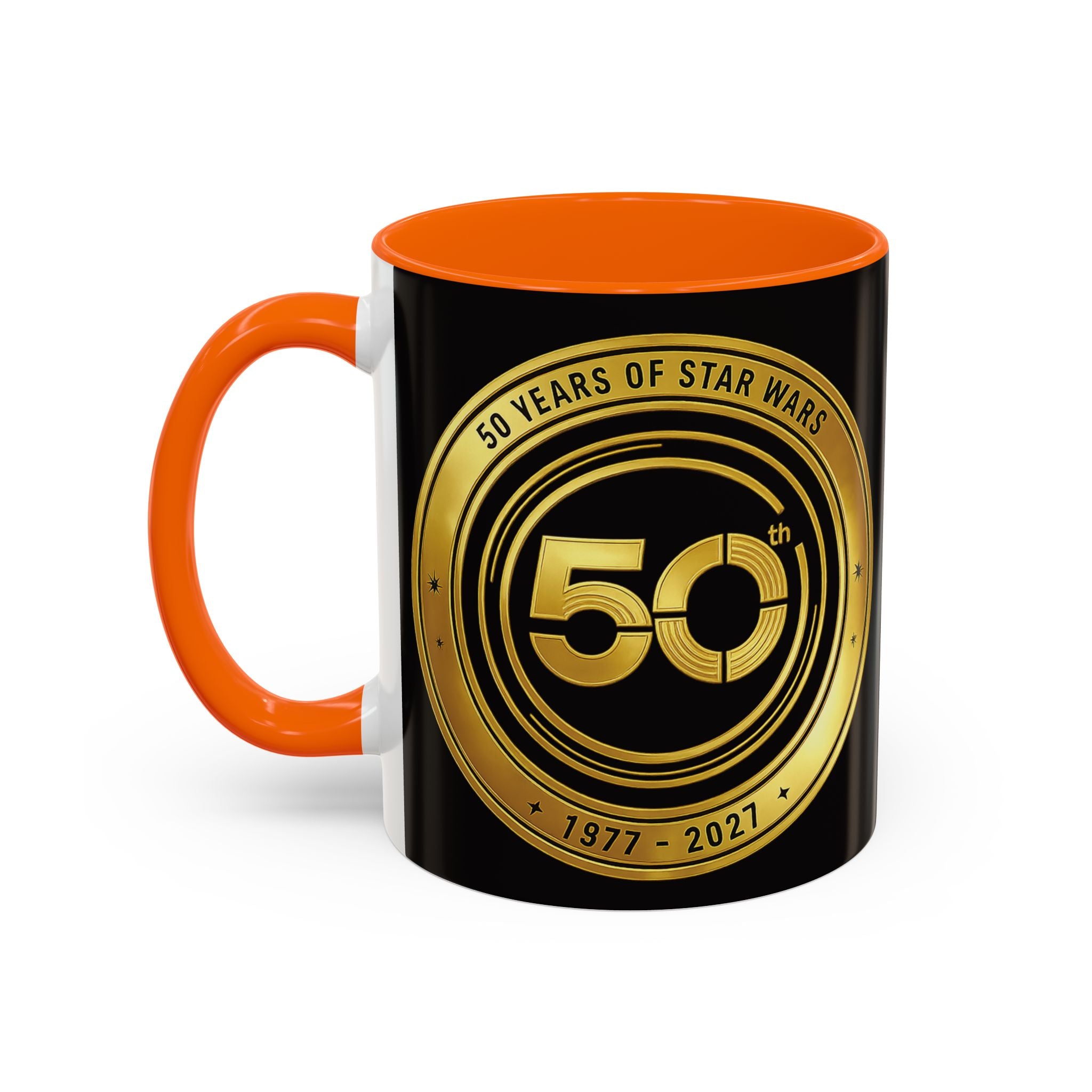 50th Anniversary Star Wars Coffee Mug — 1977–2021 Gold Emblem Accent Mug (11/15 oz)