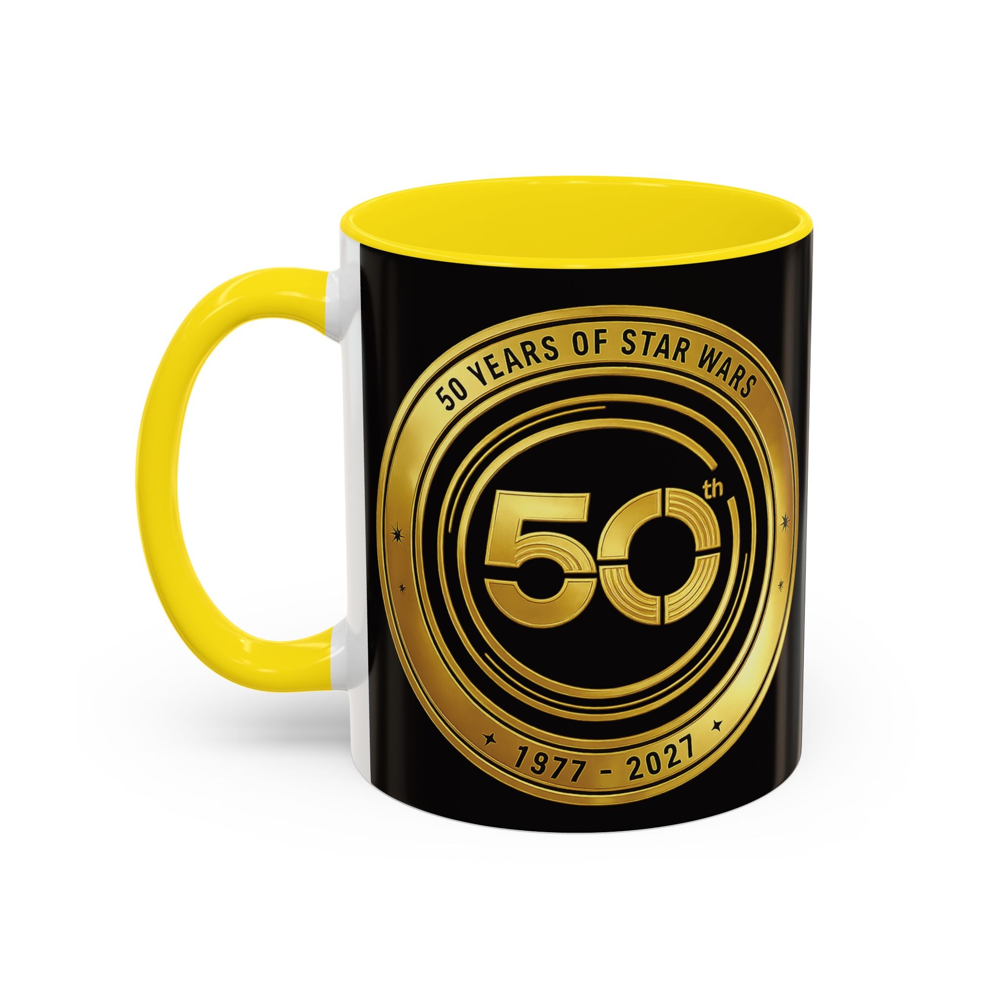 50th Anniversary Star Wars Coffee Mug — 1977–2021 Gold Emblem Accent Mug (11/15 oz)
