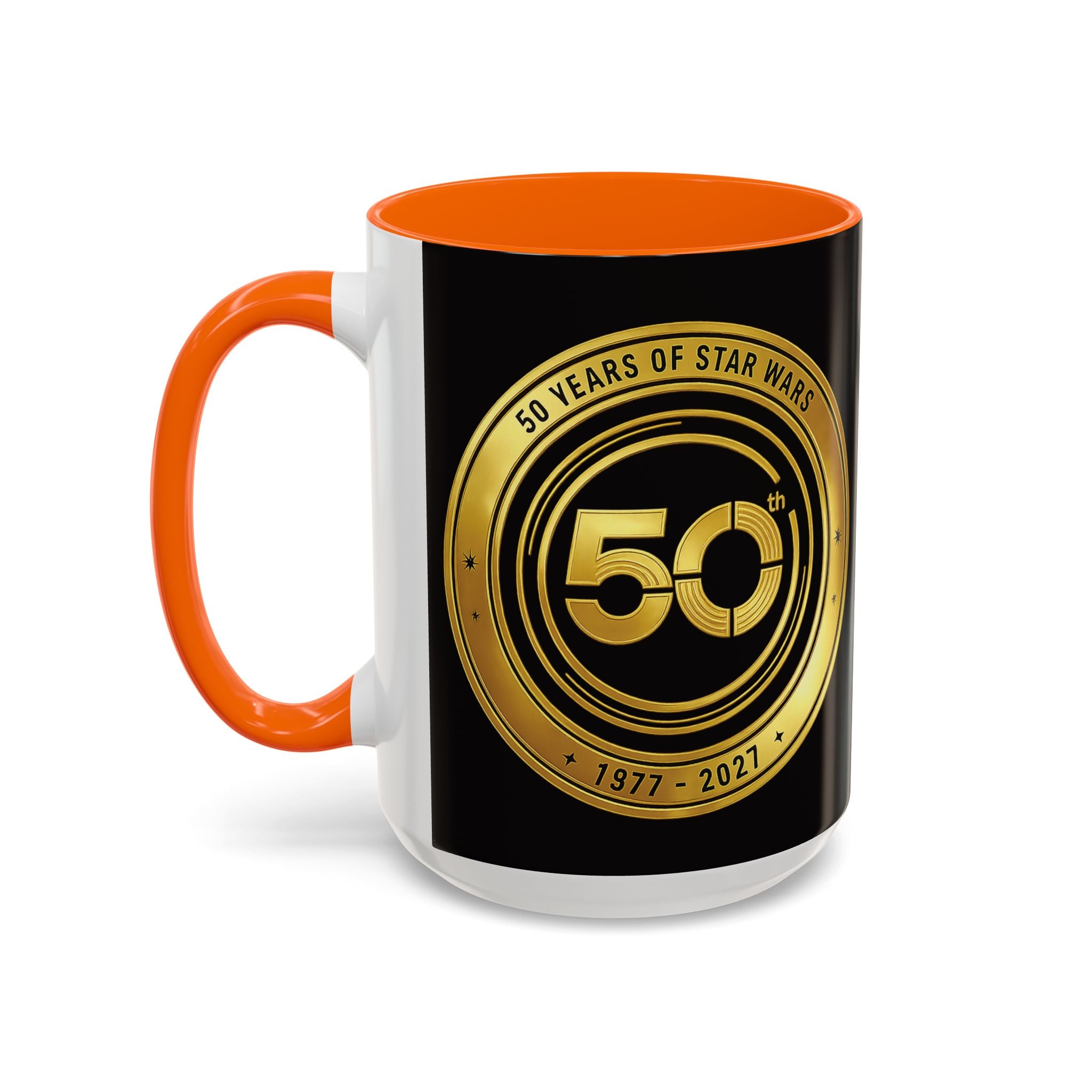 50th Anniversary Star Wars Coffee Mug — 1977–2021 Gold Emblem Accent Mug (11/15 oz)