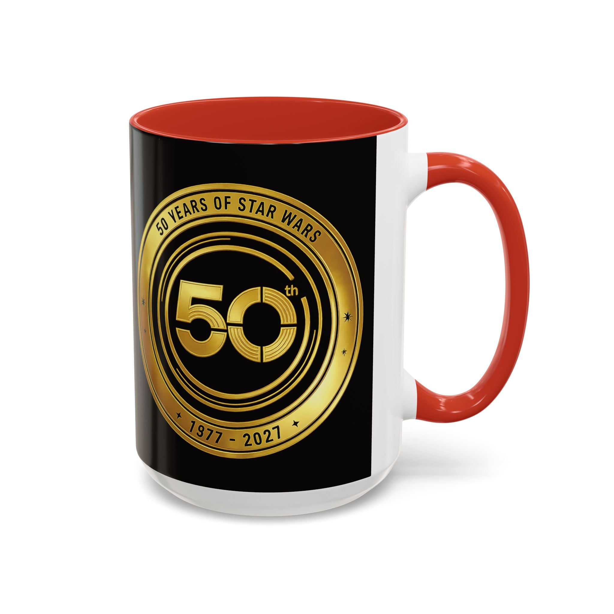 50th Anniversary Star Wars Coffee Mug — 1977–2021 Gold Emblem Accent Mug (11/15 oz)
