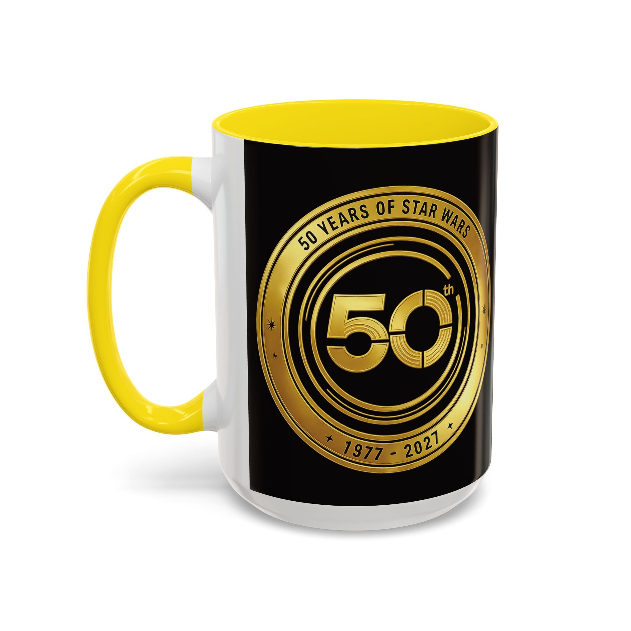 50th Anniversary Star Wars Coffee Mug — 1977–2021 Gold Emblem Accent Mug (11/15 oz)