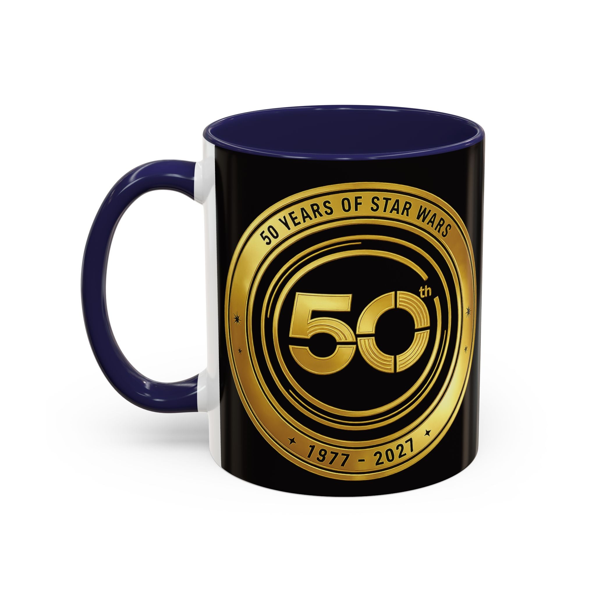 50th Anniversary Star Wars Coffee Mug — 1977–2021 Gold Emblem Accent Mug (11/15 oz)