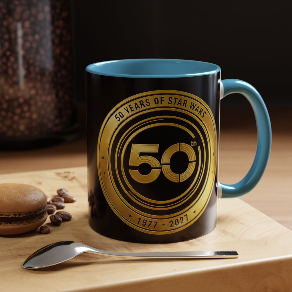 50th Anniversary Star Wars Coffee Mug — 1977–2021 Gold Emblem Accent Mug (11/15 oz)