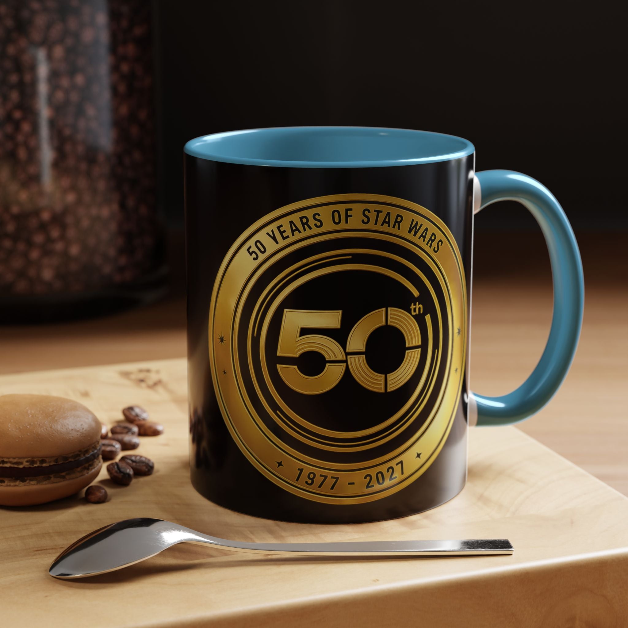 50th Anniversary Star Wars Coffee Mug — 1977–2021 Gold Emblem Accent Mug (11/15 oz)