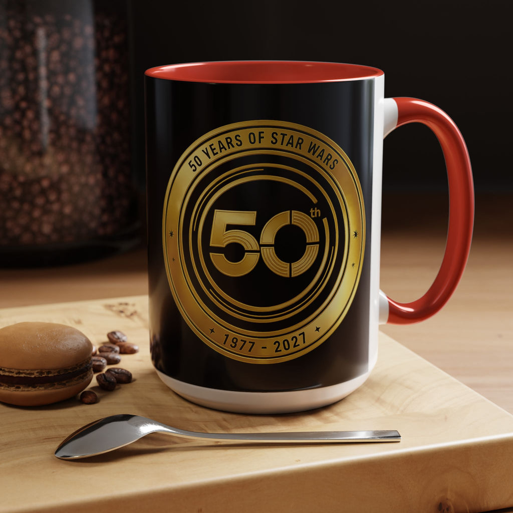 50th Anniversary Star Wars Coffee Mug — 1977–2021 Gold Emblem Accent Mug (11/15 oz)