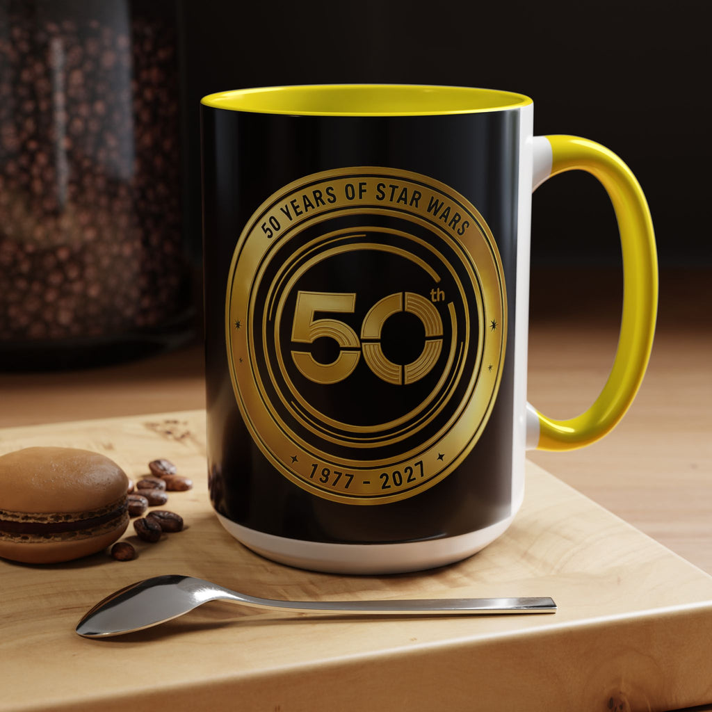 50th Anniversary Star Wars Coffee Mug — 1977–2021 Gold Emblem Accent Mug (11/15 oz)
