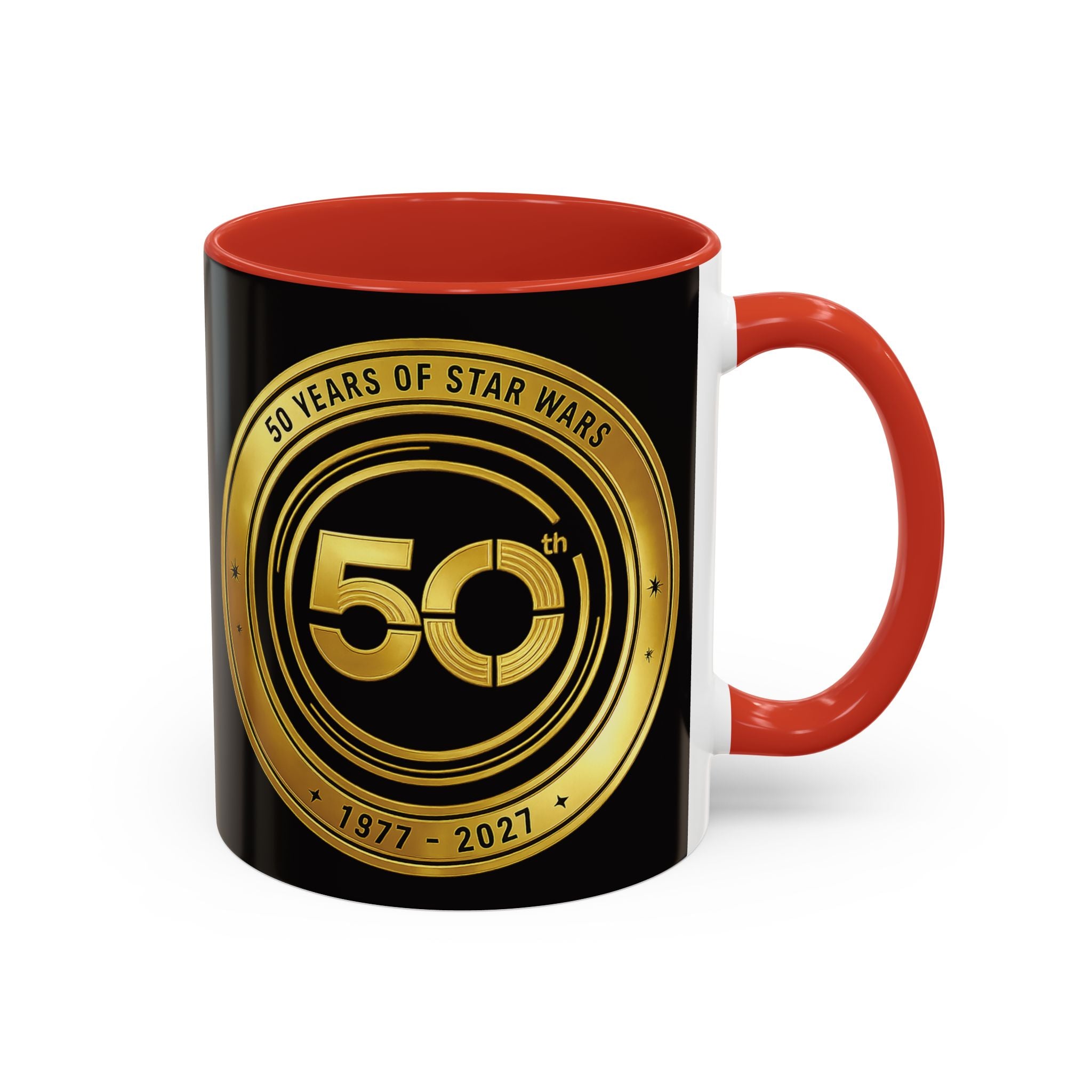 50th Anniversary Star Wars Coffee Mug — 1977–2021 Gold Emblem Accent Mug (11/15 oz)