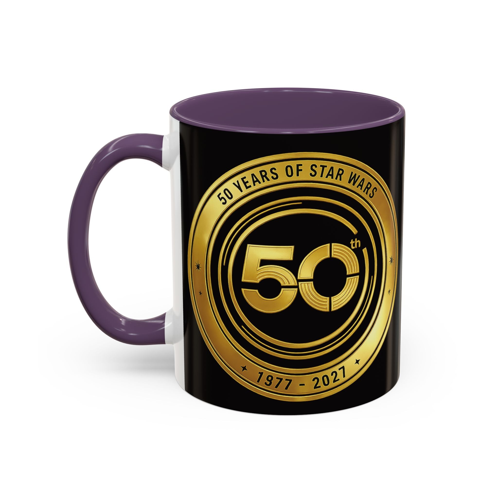 50th Anniversary Star Wars Coffee Mug — 1977–2021 Gold Emblem Accent Mug (11/15 oz)